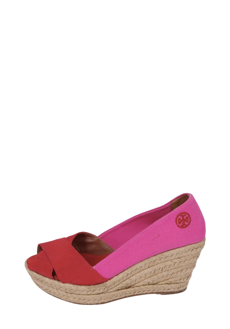 Tory Burch espadrille wedge pink red canvas 