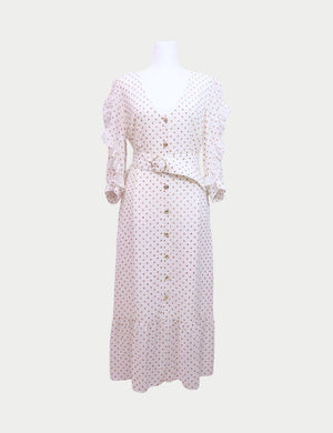 Uterqüe white midi dress with brown polka dots, ruffle sleeves, buttons, and belted waist

