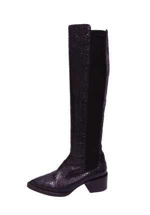 Uterqüe black snake-effect knee-high boots with stretch panels and block heel