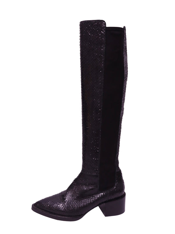 Uterqüe black snake-effect knee-high boots with stretch panels and block heel