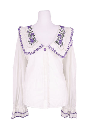 Uterque white blouse with embroidered floral collar in purple