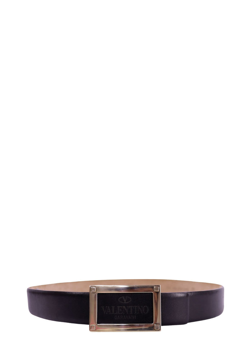 Valentino Garavani black leather belt with gold rectangular logo buckle and engraved branding