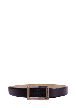 Valentino Garavani black leather belt with gold rectangular logo buckle and engraved branding