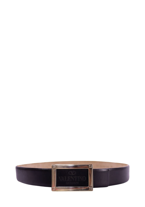 Valentino Garavani black leather belt with gold rectangular logo buckle and engraved branding