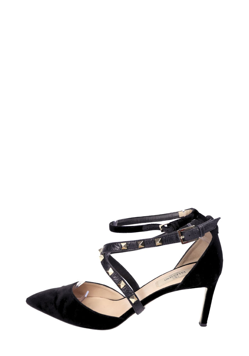 Valentino Garavani black suede Rockstud pumps with gold-tone studded crossover straps and pointed toes
