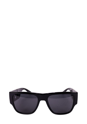 Versace black oversized shield sunglasses with gold Greca logo detail on the temples