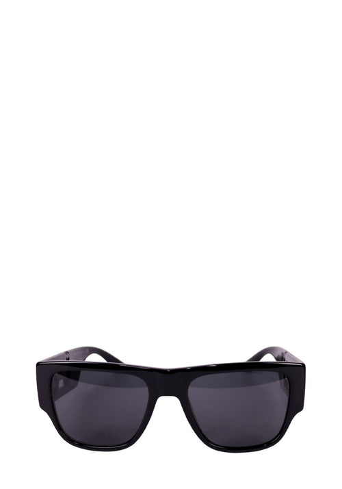Versace black oversized shield sunglasses with gold Greca logo detail on the temples