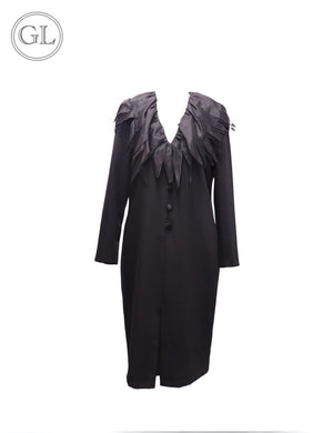 Givenchy black long-sleeve midi dress with leather-look layered fringe neckline and button front closure.

