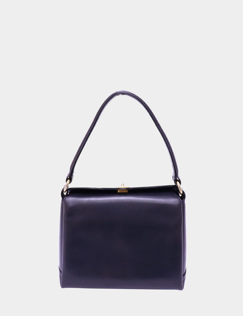 Gucci black leather top handle handbag with gold-tone clasp and structured silhouette.


