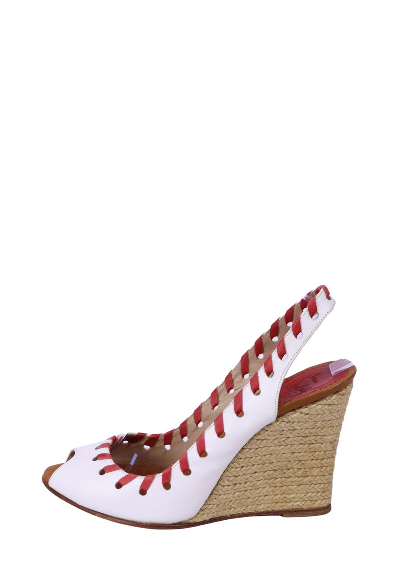 Christian Louboutin white leather espadrille wedge sandals with red lace-through detailing and braided wedge heel