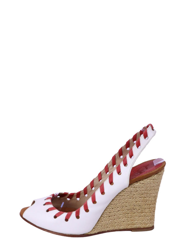 Christian Louboutin white leather espadrille wedge sandals with red lace-through detailing and braided wedge heel
