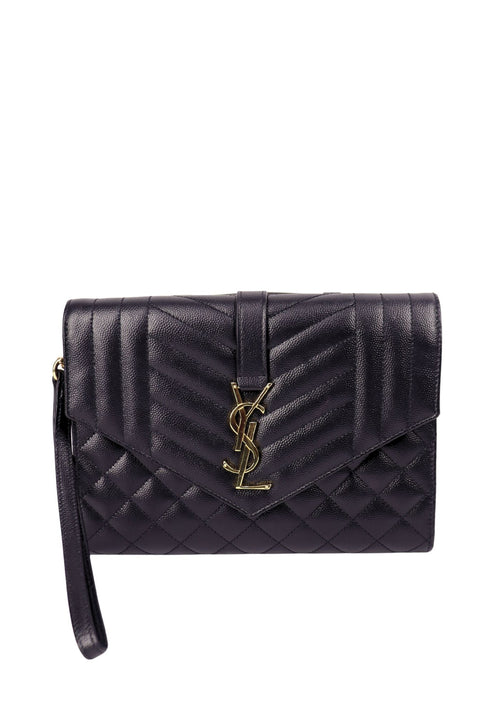 Saint Laurent black quilted leather clutch with gold YSL logo hardware and detachable wrist strap