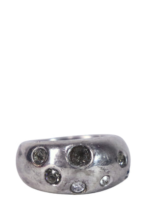 Saint Laurent chunky silver-tone ring with bezel-set crystal embellishments and sculptural rounded design.