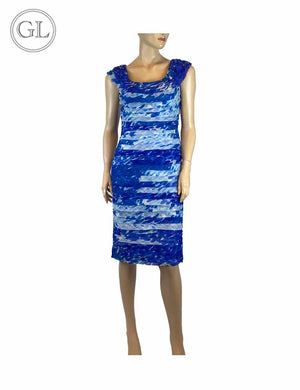 Tadashi Shoji blue ruched bodycon dress with watercolor print displayed on mannequin

