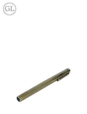 "Vintage Sheaffer gold-tone fluted pen with clip and black end cap on white background."

