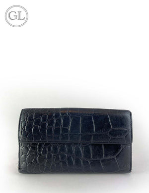 Mulberry black crocodile-embossed leather wallet with flap closure.

