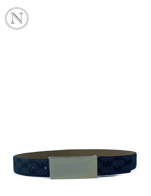 Michael Kors navy and black MK monogram reversible belt with gunmetal rectangular buckle

