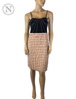 Joseph Ribkoff black and blush sleeveless dress with tiered ruffle skirt displayed on mannequin

